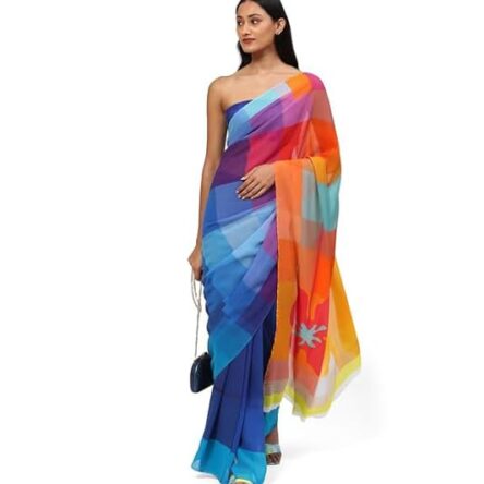 Satya Paul Georgette Blue Royal Printed Women Saree with Unstitched Piece